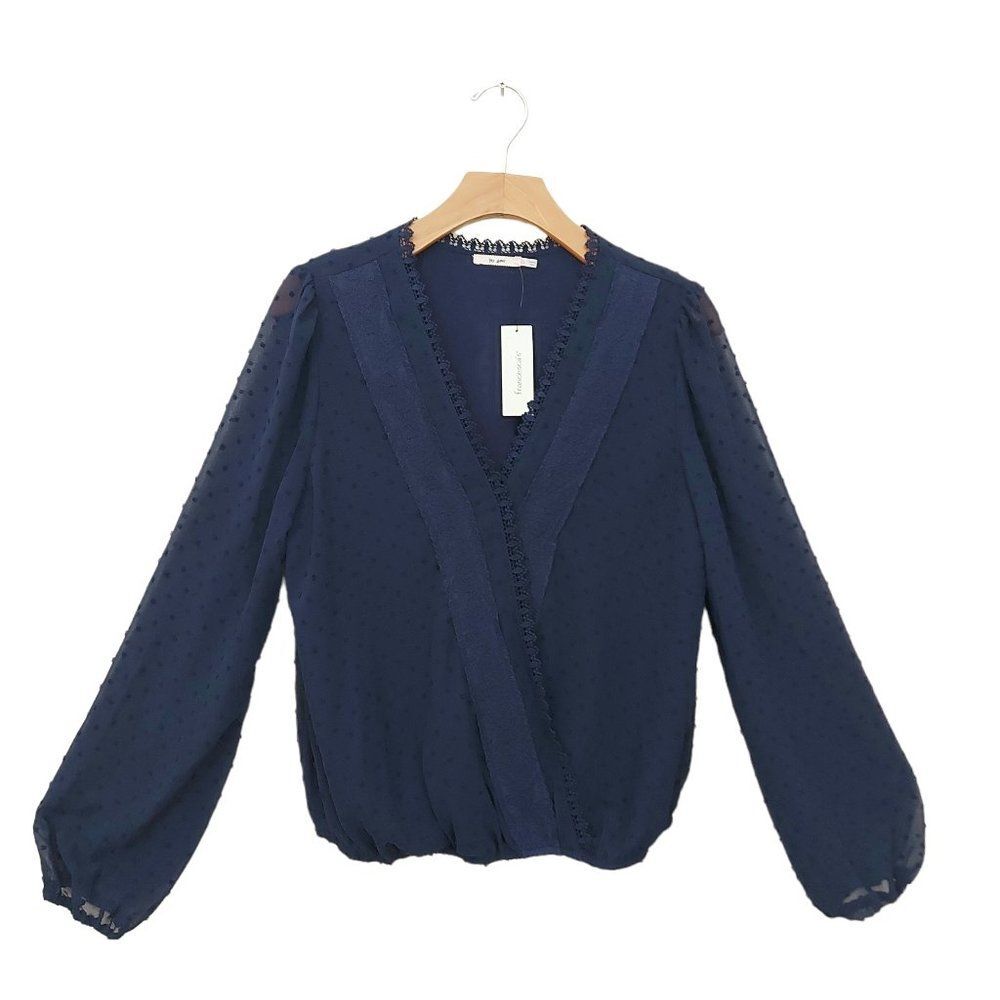 Mi Ami Top Womens Large Navy Puffer Sleeve V-Neck Boho Feminine